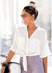 Lascana Damen Kurzarmbluse, beige, modisch, Gr. 38, unifarben, Web, Obermaterial: 100% Viskose, Blusen, mit Knotendetail und Knopfleiste, Hemdkragen,