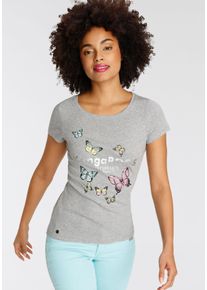 Kangaroos Damen T-Shirt, grau, casual, Gr. 48, bedruckt, Rippware, Obermaterial: 95% Baumwolle, 5% Viskose, Shirts, Kurzarm, körpernahe Passform, aus
