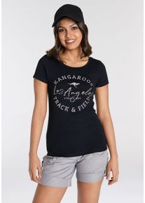 Kangaroos Damen Print-Shirt, schwarz, casual, Gr. 32, bedruckt, kontrastfarbene Details, Rippware, Obermaterial: 100% Baumwolle, Shirts, sehr