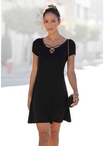 Lascana Damen Sommerkleid, schwarz, casual, Gr. 44, unifarben, Jersey, Obermaterial: 95% Viskose, 5% Elasthan, Kleider, mit Zierbändern am