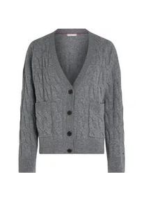 Strickjacke Tommy Hilfiger "SOFT WOOL CABLE CARDIGAN" Gr. L (40), grau (medium erdgrau) Damen Strickjacken mit Zopfmuster, Premium Qualität aus 100% Wolle