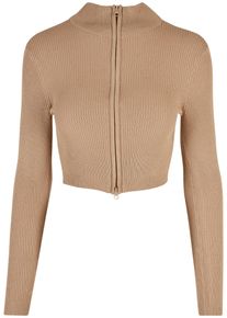 Urban Classics Damen Cardigan "Urban Classics Damen Ladies Cropped Rib Knit Zip Cardigan", beige, Gr. L, unifarben, 35% Polyacryl, 35% Viskose, 30%