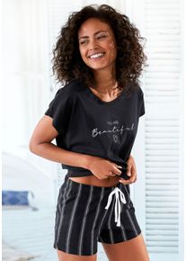 Vivance Dreams Damen Shorty, Gr. 36, schwarz, Single Jersey, Obermaterial: 100% Baumwolle, unifarben, gestreift, Basic, Homewear-Sets, mit Frontdruck