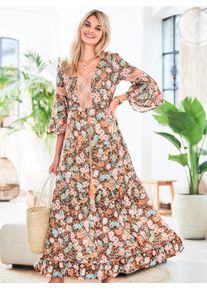 Heine Damen Maxikleid "Druck-Kleid", orange, Gr. 44, geblümt, gemustert, mehrfarbig, bedruckt, 100% Viskose, Unterkleid:100% Baumwolle, Kleider