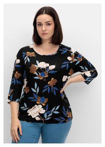 sheego Damen 3/4-Arm-Shirt "Große Größen", blau, feminin, Gr. 46, gemustert, Obermaterial: 95% Viskose, 5% Elasthan, Shirts, mit Blumenprint, aus
