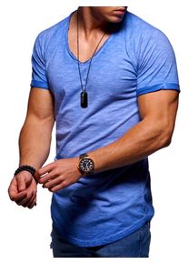 behype Herren T-Shirt "DANNY", blau, casual, Gr. XL, unifarben, 100% Baumwolle, Shirts, mit modernem V-Ausschnitt