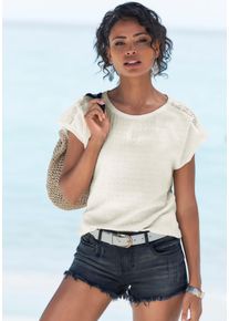 Vivance Damen Kurzarmshirt "mit dekorativem Häkeleinsatz", beige, modisch, Gr. 36, unifarben, Cru00eape, Obermaterial: 98% Polyester, 2% Elasthan,