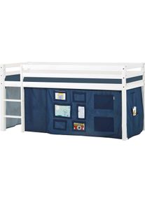 Hochbett Hoppekids, B:101cm H:105cm L:208cm, blau, Kinderbett: 100% Massivholz: Nordische Kiefer, Vorhang: 100% Baumwolle, Matratzenbezug 100%