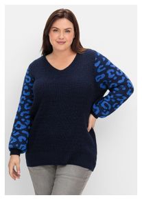 Damen V-Ausschnitt-Pullover "Große Größen", blau, feminin, Gr. 52, sheego by Joe Browns, gemustert, Grobstrick, Obermaterial: 100% Polyacryl,