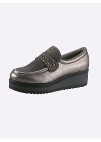 Heine Damen Slipper, Gr. 40, grau, Leder, Veloursleder, Glattleder, Glattleder, modisch, Schuhe
