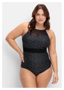 sheego Damen Badeanzug "Große Größen", schwarz, Gr. 52, gepunktet, Polyamid, Xtra Life LYCRA, Badeanzüge, mit halbtransparentem Netzeinsatz