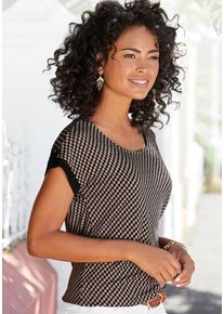 Vivance Damen Kurzarmshirt "mit dekorativem Ärmelsaum", schwarz, modisch, Gr. 32, bedruckt, Single Jersey, Obermaterial: 95% Viskose (LENZING