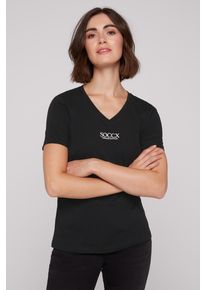 SOCCX Damen V-Shirt, schwarz, casual, Gr. XS, bedruckt, Material: 100% Baumwolle, Shirts, aus Baumwolle