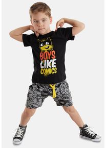 DENOKIDS Herren Hausanzug "Cartoon", Gr. 122, schwarz, 95% Baumwolle;5% Elasthan, bedruckt, Basic, Homewear-Sets, mit Cartoon-Figur-Print