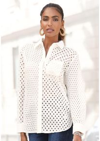 Lascana Damen Langarmbluse, beige, modisch, Gr. 36, unifarben, Web, Obermaterial: 100% Baumwolle, Blusen, mit Lochmuster und Blusenkragen,