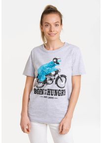 logoshirt Damen T-Shirt "Sesamstrasse - Krümelmonster Motorrad", grau, casual, Gr. XL, bedruckt, 95% Baumwolle, 5% Viskose, Shirts, mit lizenziertem