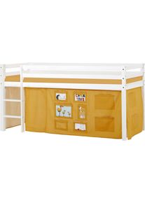 Hochbett Hoppekids, B:101cm H:105cm L:208cm, gelb, Kinderbett: 100% Massivholz: Nordische Kiefer, Vorhang: 100% Baumwolle, Matratzenbezug: 77%