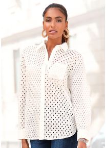 Lascana Damen Langarmbluse, beige, modisch, Gr. 34, unifarben, Web, Obermaterial: 100% Baumwolle, Blusen, mit Lochmuster und Blusenkragen,