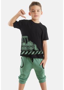 DENOKIDS Herren Hausanzug "Digger on Duty", Gr. 128, schwarz, 95% Baumwolle;5% Elasthan, bedruckt, Basic, Homewear-Sets, mit Bulldozer-Aufdruck