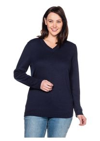 sheego Damen V-Ausschnitt-Pullover "Große Größen", blau, casual, Gr. 44, unifarben, Feinstrick, Obermaterial: 50% Baumwolle, 50% Polyacryl, Pullover,