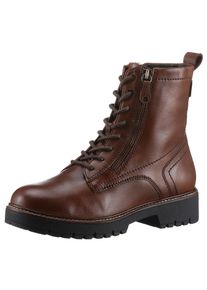 Tamaris Damen Schnürboots, Gr. 38, braun, Glattleder, used, unifarben, modisch, Schuhe, Blockabsatz, Schnürstiefelette, Combat-Boots mit