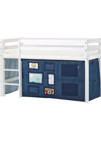 Hochbett Hoppekids, B:81cm H:105cm L:168cm, blau, Kinderbett: 100% Massivholz: Nordische Kiefer, Vorhang: 100% Baumwolle, Matratzenbezug: 77%