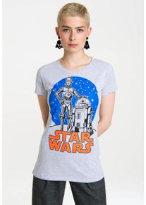 logoshirt Damen T-Shirt "R2-D2 & C-3PO Star Wars", grau, casual, Gr. M, bedruckt, meliert, 95% Baumwolle, 5% Viskose, Shirts, mit coolem Frontprint