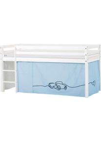 Hochbett Hoppekids, B:101cm H:105cm L:208cm, blau, Kinderbett: 100% Massivholz: Nordische Kiefer, Vorhang: 100% Baumwolle, Matratzenbezug: 77%