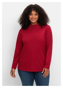 sheego Damen Langarmshirt "Große Größen", rot, feminin, Gr. 48, unifarben, Obermaterial: 100% Baumwolle, Shirts, mit Stehkragen und Glitzerdetails