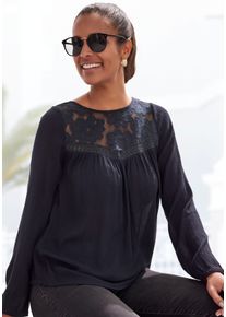 Buffalo Damen Spitzenbluse, schwarz, feminin, Gr. 36, unifarben, Cru00eape, Web, Obermaterial: 100% Viskose. Einsatz: 100% Baumwolle, Blusen, aus
