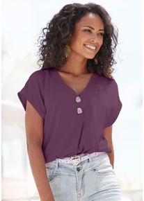 Lascana Damen Schlupfbluse, lila, modisch, Gr. 38, unifarben, Web, Obermaterial: 100% Viskose, Blusen, mit modischen Knöpfen, luftige Kurzarmbluse,