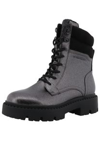 Tom Tailor Damen Winterboots, Gr. 42, grau, Lederimitat, Textil, unifarben mit Farbeinsatz, metallic, modisch, Schuhe, Blockabstz, Schnürboots,