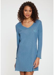 s.Oliver Damen Nachthemd, Gr. 32, blau, Rippstrick, Obermaterial: 60% Baumwolle, 40% Polyester, meliert, feminin, Kleider, mit Trompetenärmeln