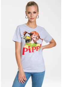 logoshirt Damen T-Shirt "Pippi Langstrumpf", grau, casual, Gr. M, bedruckt, 95% Baumwolle, 5% Viskose, Shirts, mit lizenziertem Originaldesign