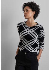 Street One Damen Langarmshirt, schwarz, casual, Gr. 36, kariert, Stoff, 46% Polyester, 41% Polyamid, 13% Viskose, Shirts, mit U-Boot-Ausschnitt