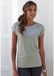Lascana Damen Rundhalsshirt "mit eleganten Glitzerabschlüssen", grau, feminin, Gr. 36, unifarben, Single Jersey, Obermaterial: 63% Polyester