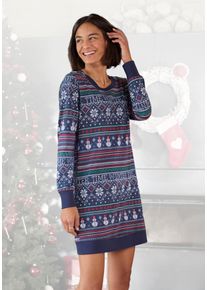 Lascana Damen Nachthemd, Gr. 32, blau, Single Jersey, Obermaterial: 60% Baumwolle, 40% Polyester, feminin, Kleider, mit winterlichem Druck