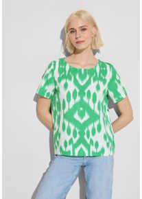 Street One Damen Kurzarmbluse, grün, casual, Gr. 44, gemustert, Web, 60% Leinen, 40% Baumwolle, Blusen, mit Rundhalsausschnitt