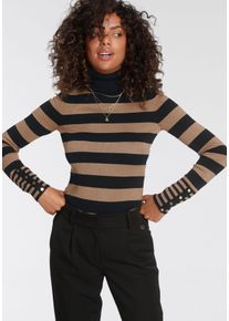 Tamaris Damen Rollkragenpullover, braun, feminin, Gr. 48, Feinstrick, Obermaterial: 70% Viskose, 30% Polyamid, Pullover, im Streifendesign