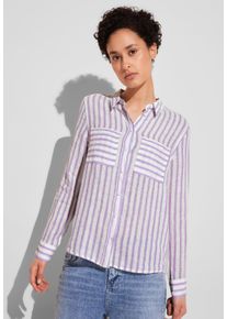 Street One Damen Hemdbluse, lila, casual, Gr. 46, gestreift, Web, 100% Leinen, Blusen, mit Turn-Up Funktion