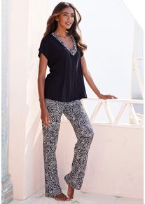 Lascana Damen Pyjama, Gr. 32, schwarz-weiß, Single Jersey, Obermaterial: 100% Viskose, feminin, Homewear-Sets, mit gemusterten Details
