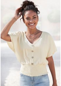 Lascana Damen V-Shirt, beige, modisch, Gr. 36, unifarben, Jersey, Obermaterial: 98% Polyester, 2% Elasthan, Shirts, mit breitem Smoksaum und