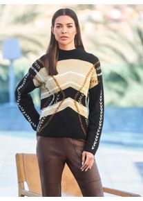 Heine Damen Strickpullover "Pullover", schwarz, Gr. 42, gemustert, mehrfarbig, gestreift, 60% Polyacryl, 15% Polyester, 10% Viskose, 8% Wolle, 7%