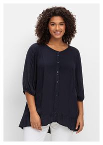 sheego Damen Kurzarmbluse "Große Größen", blau, feminin, Gr. 52, unifarben, Obermaterial: 100% Viskose, Blusen, aus Crêpe, mit Volants am Saum