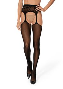 Damen Ouvert-Strumpfhose, Petite Fleur Gold, schwarz, Obermaterial: 92% Polyamid, 8% Elasthan, Netz, Strumpfhosen, mit befestigten Strümpfen