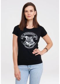 logoshirt Damen T-Shirt "Harry Potter - Hogwarts Logo (Weiß)", schwarz, casual, Gr. M, bedruckt, 100% Baumwolle, Shirts, mit lizenziertem
