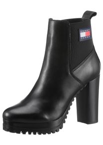 High-Heel-Stiefelette Tommy Jeans "TJW NEW ESS HIGH HEEL BOOT", Damen, Gr. 41, schwarz, Leder, Elastischer Einsatz, unifarben, elegant, Schuhe, Blockabsatz, Partymode, Ankleboots in schmaler Form