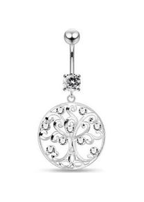 Bauchnabelpiercing Firetti "Schmuck Geschenk Piercing Körperschmuck TREE OF LIFE Lebensbaum" Piercings silberfarben (silberfarben-chirurgiestahlfarben-kristallweiß + kristallweiß) mit Zirkonia (synth.)