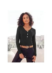 Langarmshirt Lascana "mit kurzer Knopfleiste", Damen, Gr. 40/42, schwarz, Rippware, Obermaterial: 95% Viskose, 5% Elasthan, unifarben, bequem normal, V-Ausschnitt, Shirts Langarmshirt, aus weicher Viskose-Ripp-Qualit&auml;t