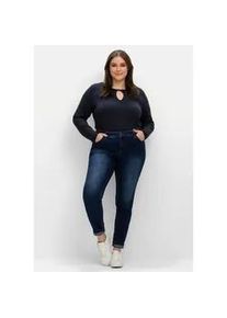 Stretch-Jeans sheego "Große Größen" Gr. 46, Normalgrößen, blau (dunkelblau denim), Damen, Obermaterial: 74% Baumwolle, 22% Polyester, 3% Viskose, 1% Elasthan, unifarben, Jeans, für sehr schmale Beine und mehr Bauch